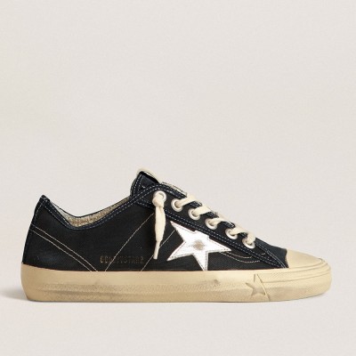 Golden Goose V-Star In Navy-blue Canvas With A Silver Laminated Leather Star