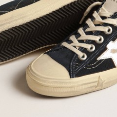 Golden Goose V-Star In Navy-blue Canvas With A Silver Laminated Leather Star