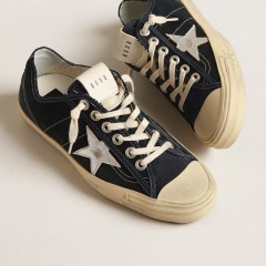 Golden Goose V-Star In Navy-blue Canvas With A Silver Laminated Leather Star