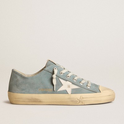 Golden Goose V-Star In Silver-blue Suede With White Leather Star