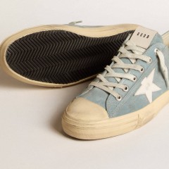 Golden Goose V-Star In Silver-blue Suede With White Leather Star