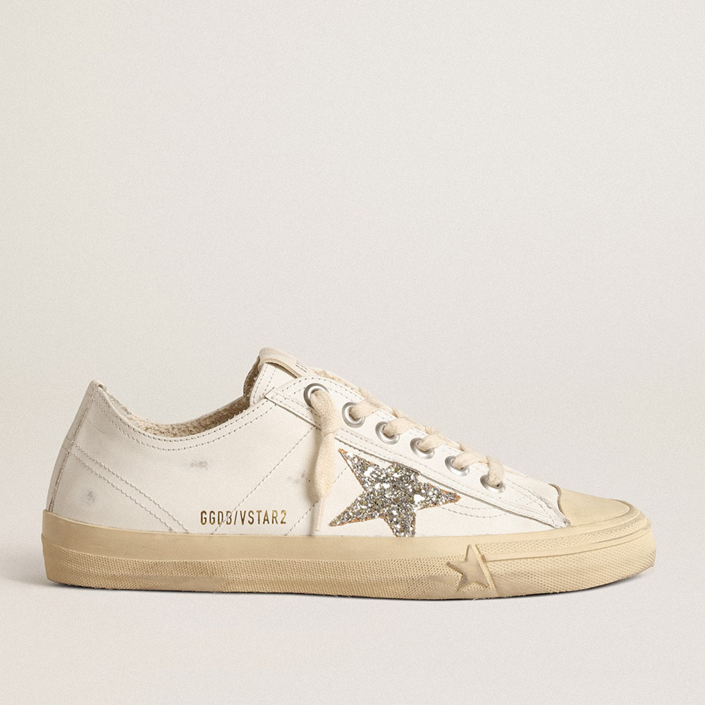 Golden Goose V-Star In White Leather With A Platinum Glitter Star