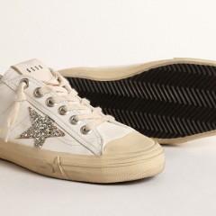 Golden Goose V-Star In White Leather With A Platinum Glitter Star