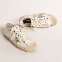 Golden Goose V-Star In White Leather With A Platinum Glitter Star