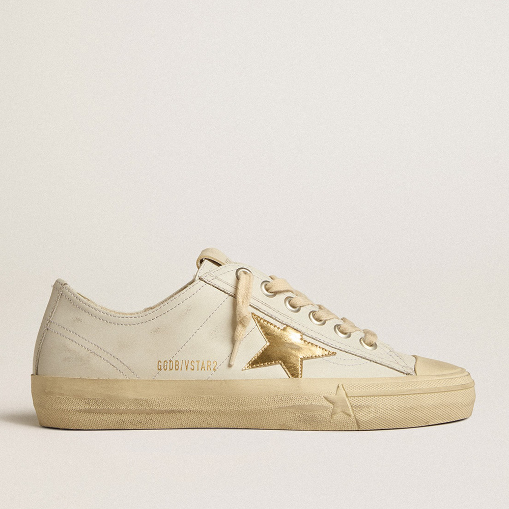 Golden Goose V-Star In White Leather With Gold Metallic Leather Star