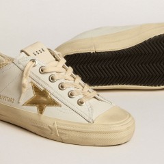 Golden Goose V-Star In White Leather With Gold Metallic Leather Star