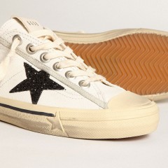 Golden Goose V-Star In White Nappa Leather With A Black Glitter Star