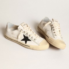 Golden Goose V-Star In White Nappa Leather With A Black Glitter Star