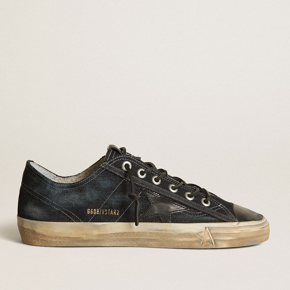 Golden Goose V-Star Sneakers In Midnight-blue Denim With Black Leather Star And Toe