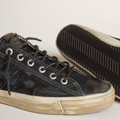 Golden Goose V-Star Sneakers In Midnight-blue Denim With Black Leather Star And Toe