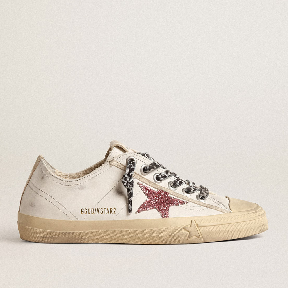 Golden Goose V-Star With Pink Glitter Star And Metallic Leather Heel Tab