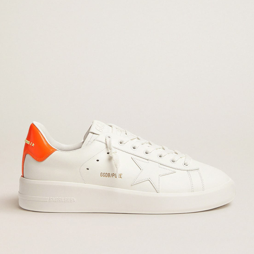 Golden Goose White Purestar Sneakers With Fluorescent Orange Heel Tab