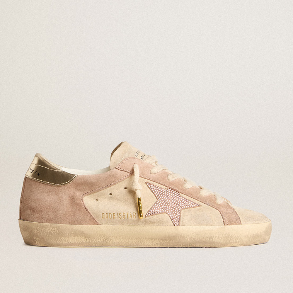 Golden Goose Woman's Super-Star In Pale Pink Suede With Suede Star And Platinum Heel Tab