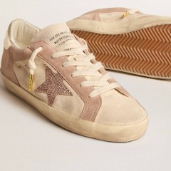 Golden Goose Woman's Super-Star In Pale Pink Suede With Suede Star And Platinum Heel Tab