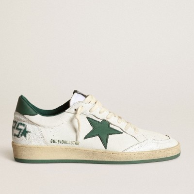 Golden Goose Women's Ball Star In White Nappa Leather With Green Leather Star And Heel Tab