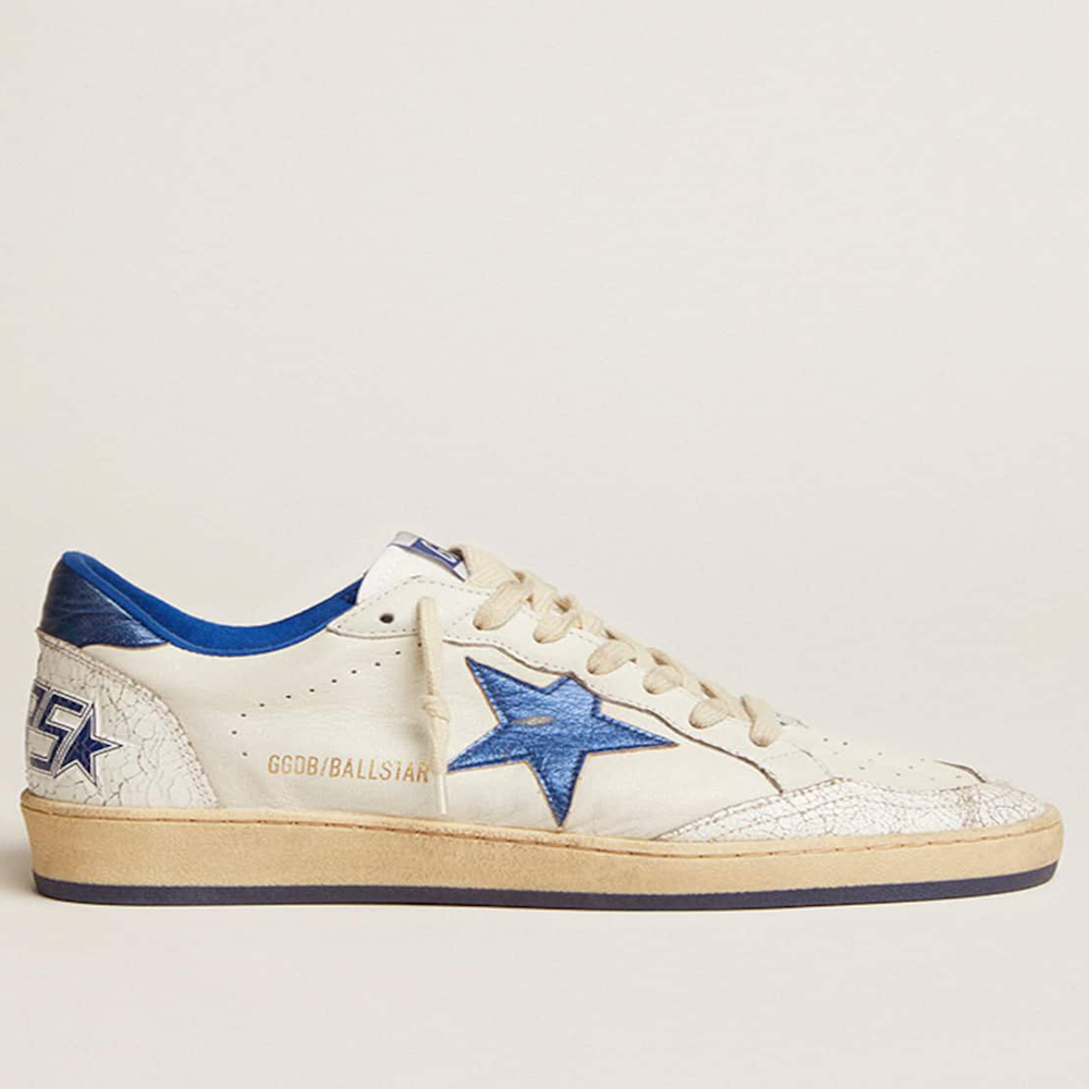 Golden Goose Women's Ball Star In White Nappa With Bright Blue Metallic Leather Star And Heel Tab