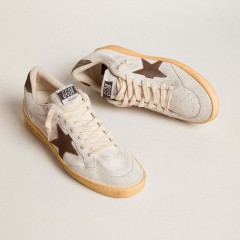 Golden Goose Women's Ball Star In White Nubuck Leather With Brown Suede Star And Heel Tab