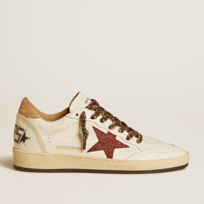 Golden Goose Women's Ball Star LTD With Burgundy Glitter Star And Beige Suede Heel Tab