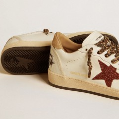 Golden Goose Women's Ball Star LTD With Burgundy Glitter Star And Beige Suede Heel Tab