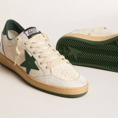 Golden Goose Women's Ball Star Wishes In White Nappa Leather With Green Leather Star And Heel Tab