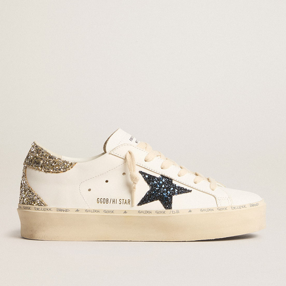 Golden Goose Women's Hi Star With Blue Glitter Star And Platinum Glitter Heel Tab