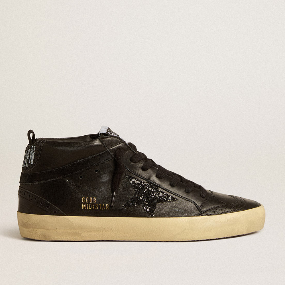 Golden Goose Women's Mid Star In Black Nappa With Black Glitter Star And Suede Flash