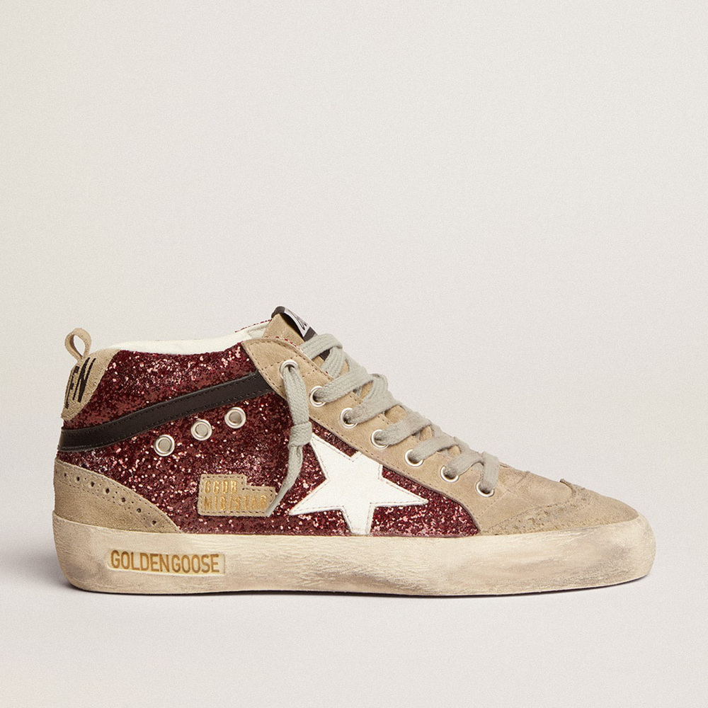 Golden Goose Women's Mid Star In Burgundy Glitter With Gray Inserts And White Star