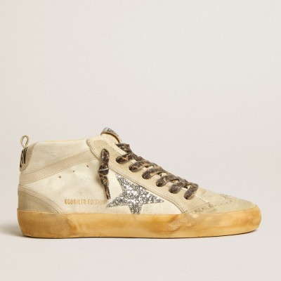 Golden Goose Women's Mid Star In Canvas With Silver Glitter Star And Beige Flash