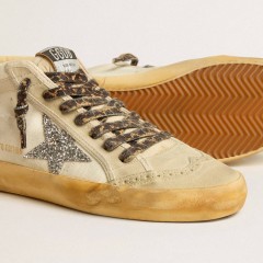 Golden Goose Women's Mid Star In Canvas With Silver Glitter Star And Beige Flash