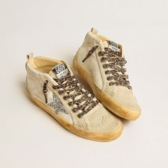 Golden Goose Women's Mid Star In Canvas With Silver Glitter Star And Beige Flash