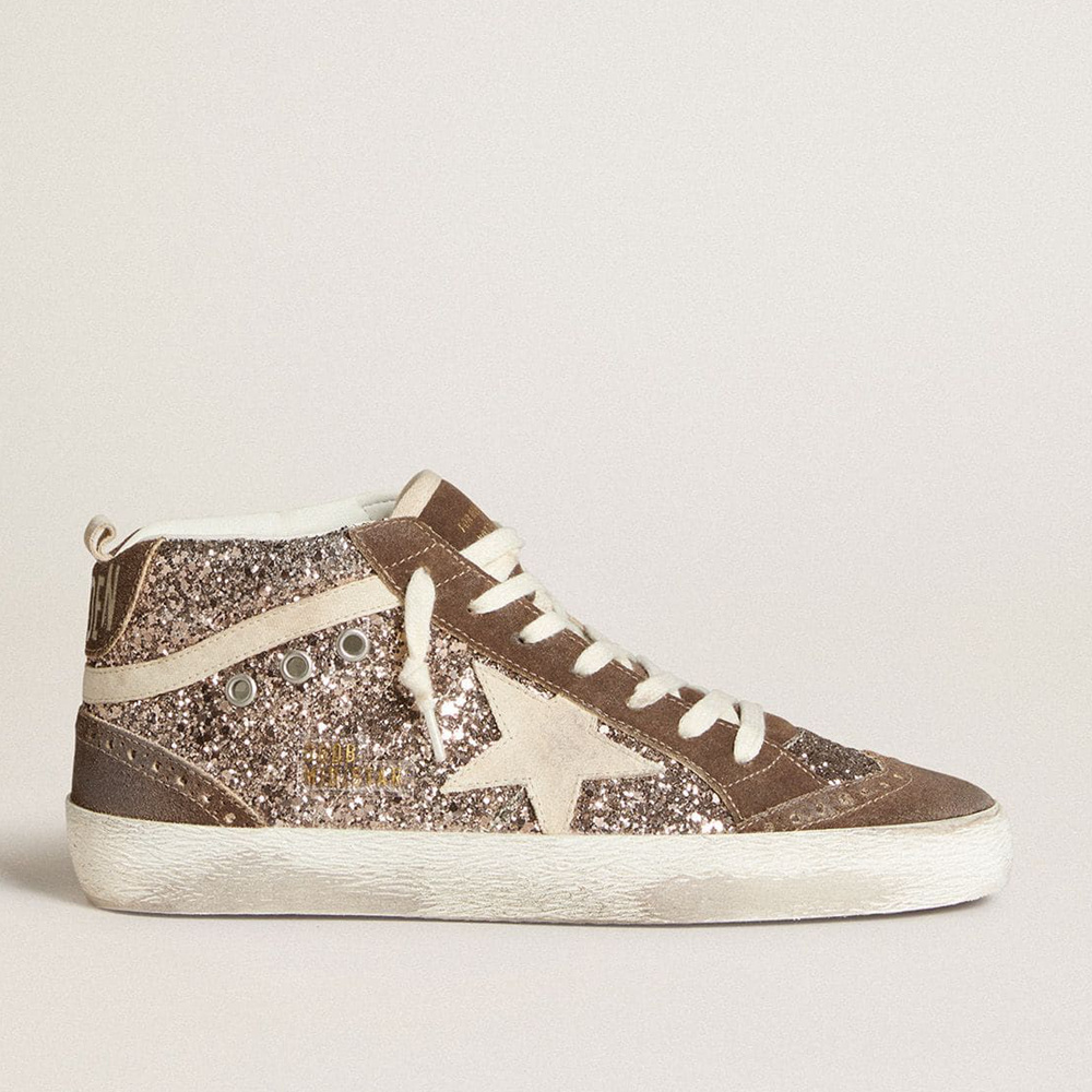 Golden Goose Women's Mid Star In Glitter With Pearl Suede Star And Brown Suede Inserts