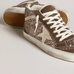 Golden Goose Women's Mid Star In Glitter With Pearl Suede Star And Brown Suede Inserts