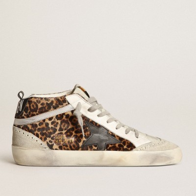 Golden Goose Women's Mid Star In Leopard Print Pony Skin With Black Star