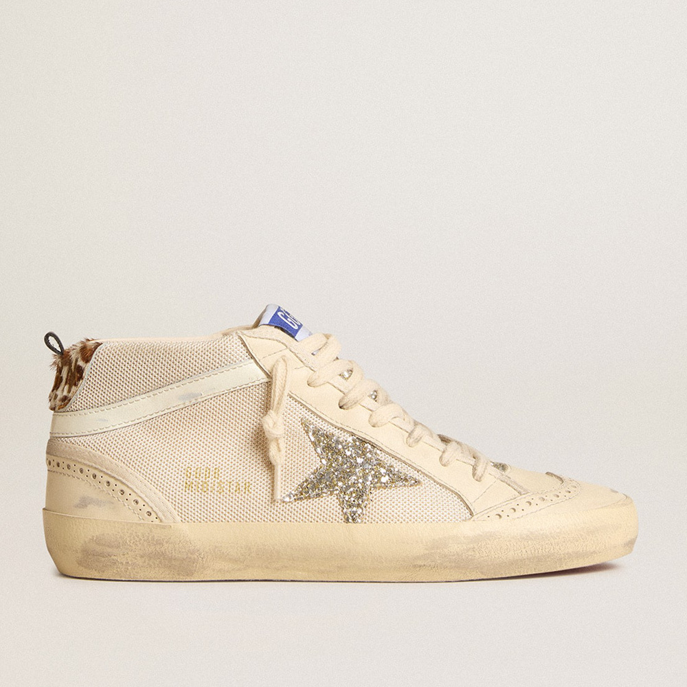 Golden Goose Women's Mid Star In Mesh With Platinum Glitter Star And White Leather Flash