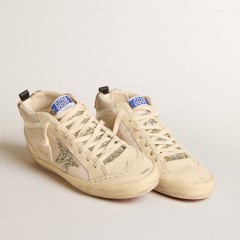 Golden Goose Women's Mid Star In Mesh With Platinum Glitter Star And White Leather Flash