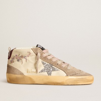 Golden Goose Women's Mid Star In Nappa Leather With Floral Embroidery And Silver Glitter Star