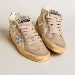 Golden Goose Women's Mid Star In Nappa Leather With Floral Embroidery And Silver Glitter Star