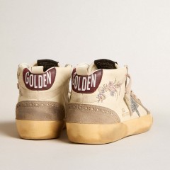 Golden Goose Women's Mid Star In Nappa Leather With Floral Embroidery And Silver Glitter Star