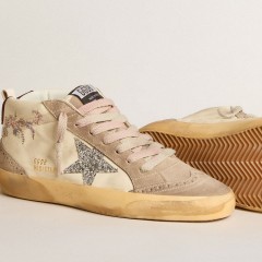 Golden Goose Women's Mid Star In Nappa Leather With Floral Embroidery And Silver Glitter Star