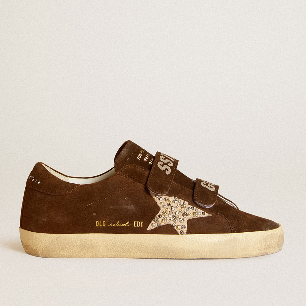 Golden Goose Women's Old School In Brown Suede With Beige Suede Star With Studs And Pearls