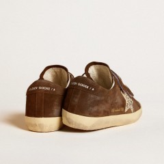 Golden Goose Women's Old School In Brown Suede With Beige Suede Star With Studs And Pearls