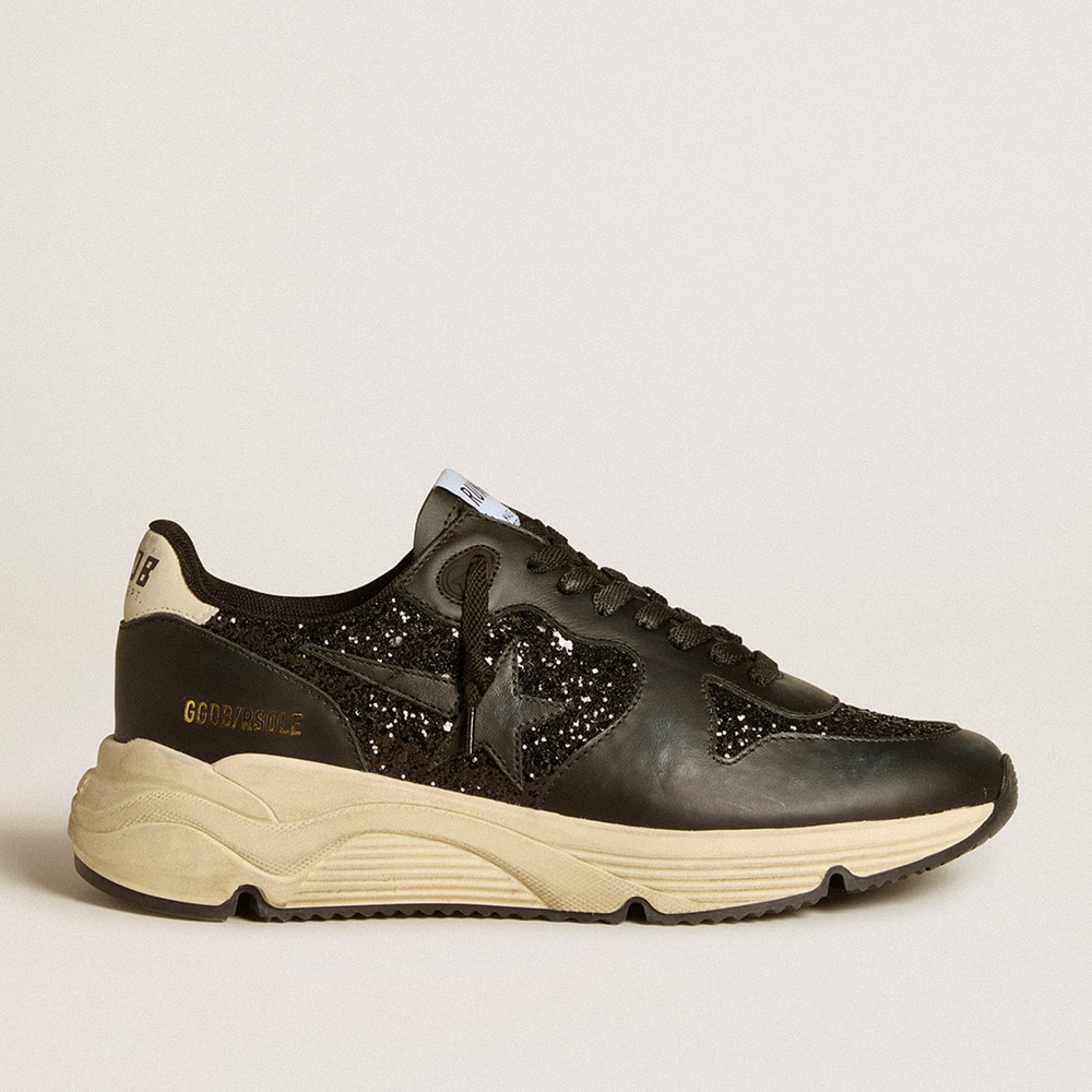 Golden Goose Women's Running Sole In Black Glitter With Leather Star And Nubuck Heel Tab