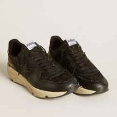 Golden Goose Women's Running Sole In Black Glitter With Leather Star And Nubuck Heel Tab