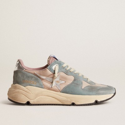 Golden Goose Women's Running Sole In Pink Nylon And Light-blue Suede With Silver Leather Star