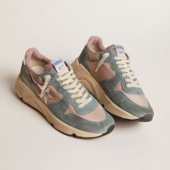 Golden Goose Women's Running Sole In Pink Nylon And Light-blue Suede With Silver Leather Star