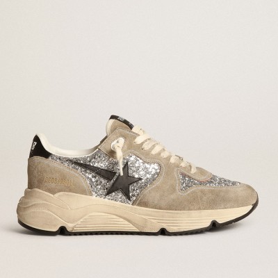 Golden Goose Women's Running Sole In Silver Glitter And Dove Gray Suede