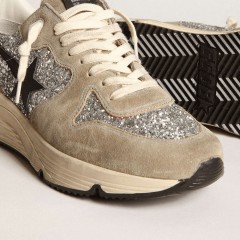 Golden Goose Women's Running Sole In Silver Glitter And Dove Gray Suede