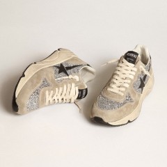 Golden Goose Women's Running Sole In Silver Glitter And Dove Gray Suede