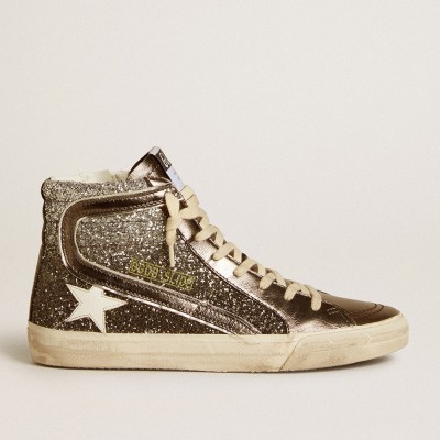 Golden Goose Women's Slide In Black And Silver Glitter With Leather Star And Metallic Flash