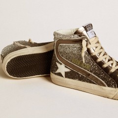 Golden Goose Women's Slide In Black And Silver Glitter With Leather Star And Metallic Flash